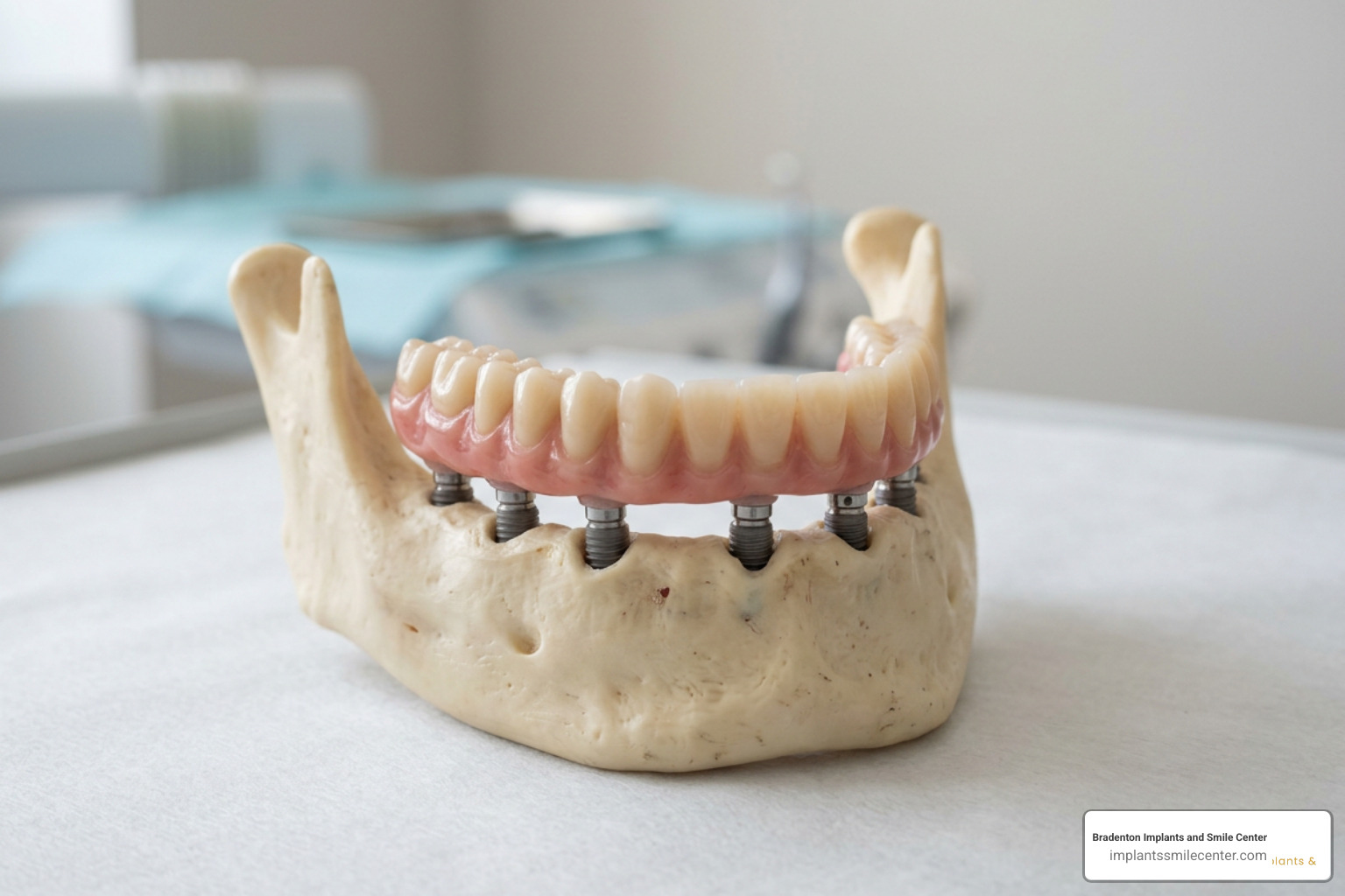 Full-arch dental implant model showing titanium posts