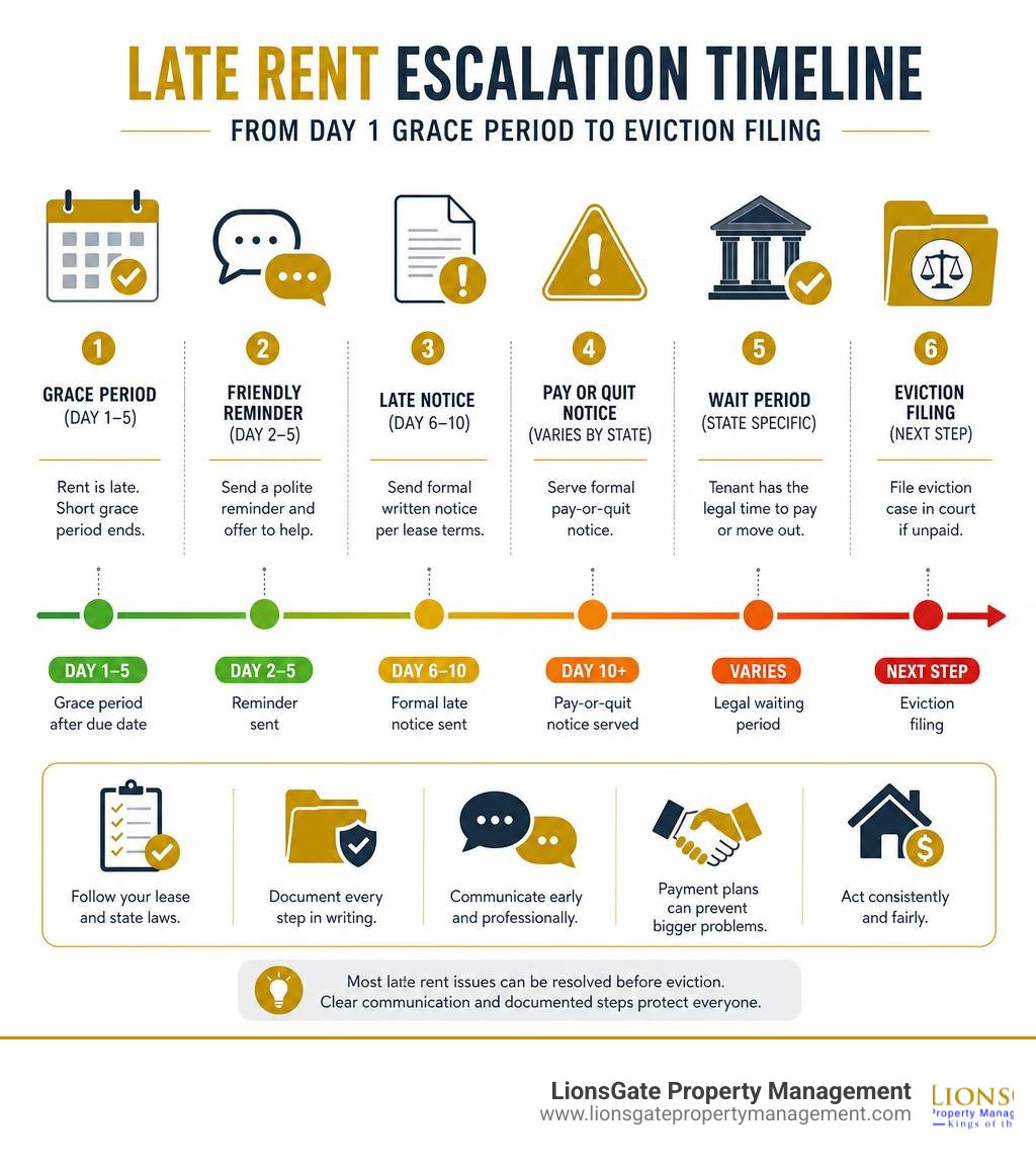 Timeline infographic showing late rent escalation from day 1 grace period to eviction filing infographic Timeline infographic showing late rent escalation from day 1 grace period to eviction filing infographic
