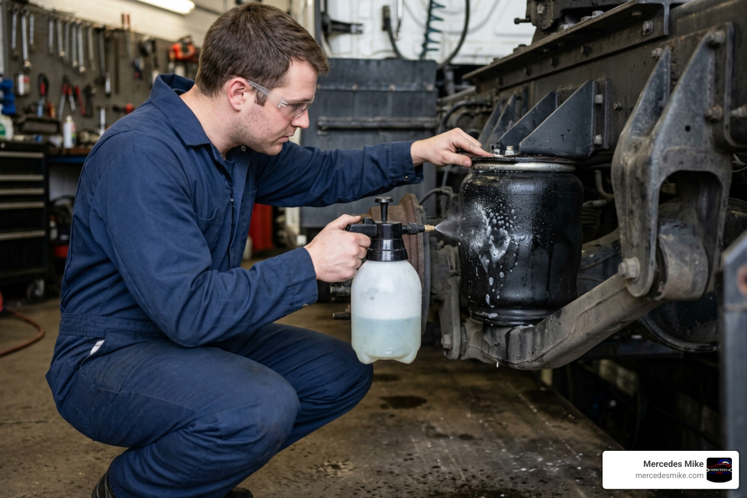 technician spraying soapy water on an air spring to find leaks