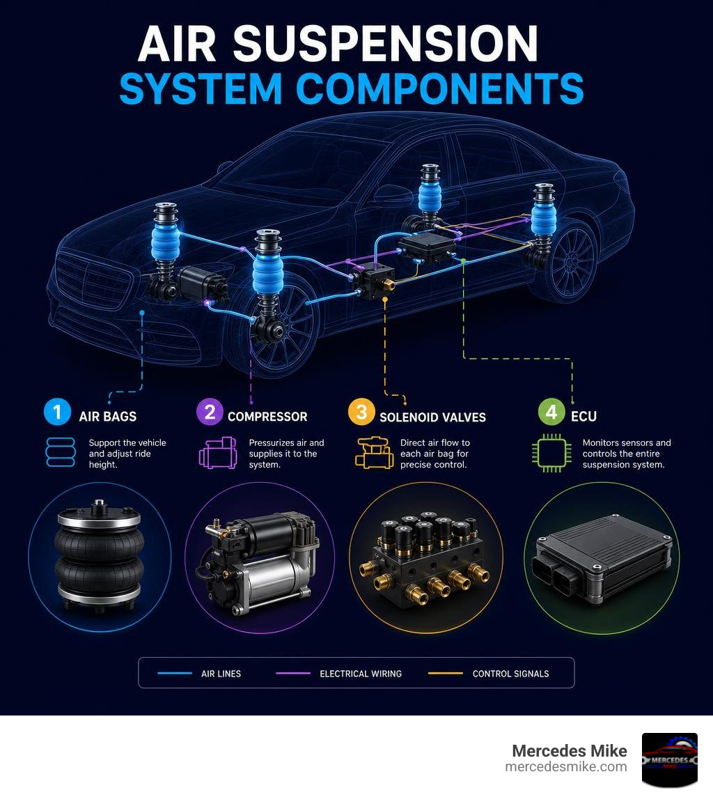 Air suspension system components diagram showing air bags, compressor, solenoid valves, and ECU infographic