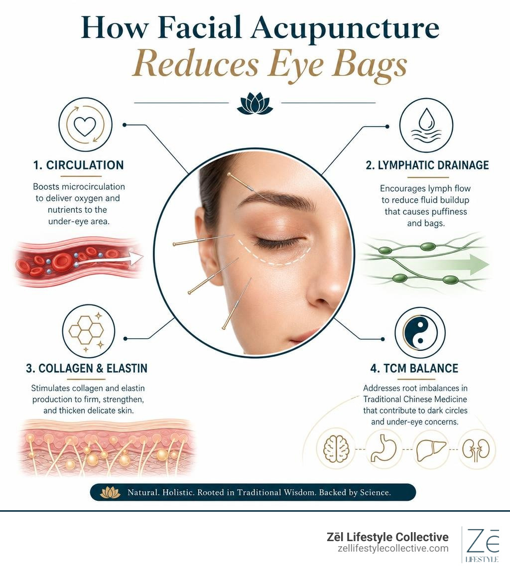 Infographic showing how facial acupuncture reduces eye bags: circulation, lymphatic drainage, collagen, TCM balance Infographic showing how facial acupuncture reduces eye bags: circulation, lymphatic drainage, collagen, TCM balance