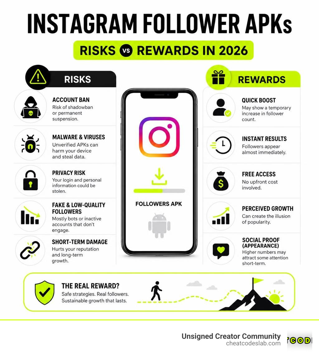 Risks vs rewards infographic of Instagram follower APKs in 2026 infographic