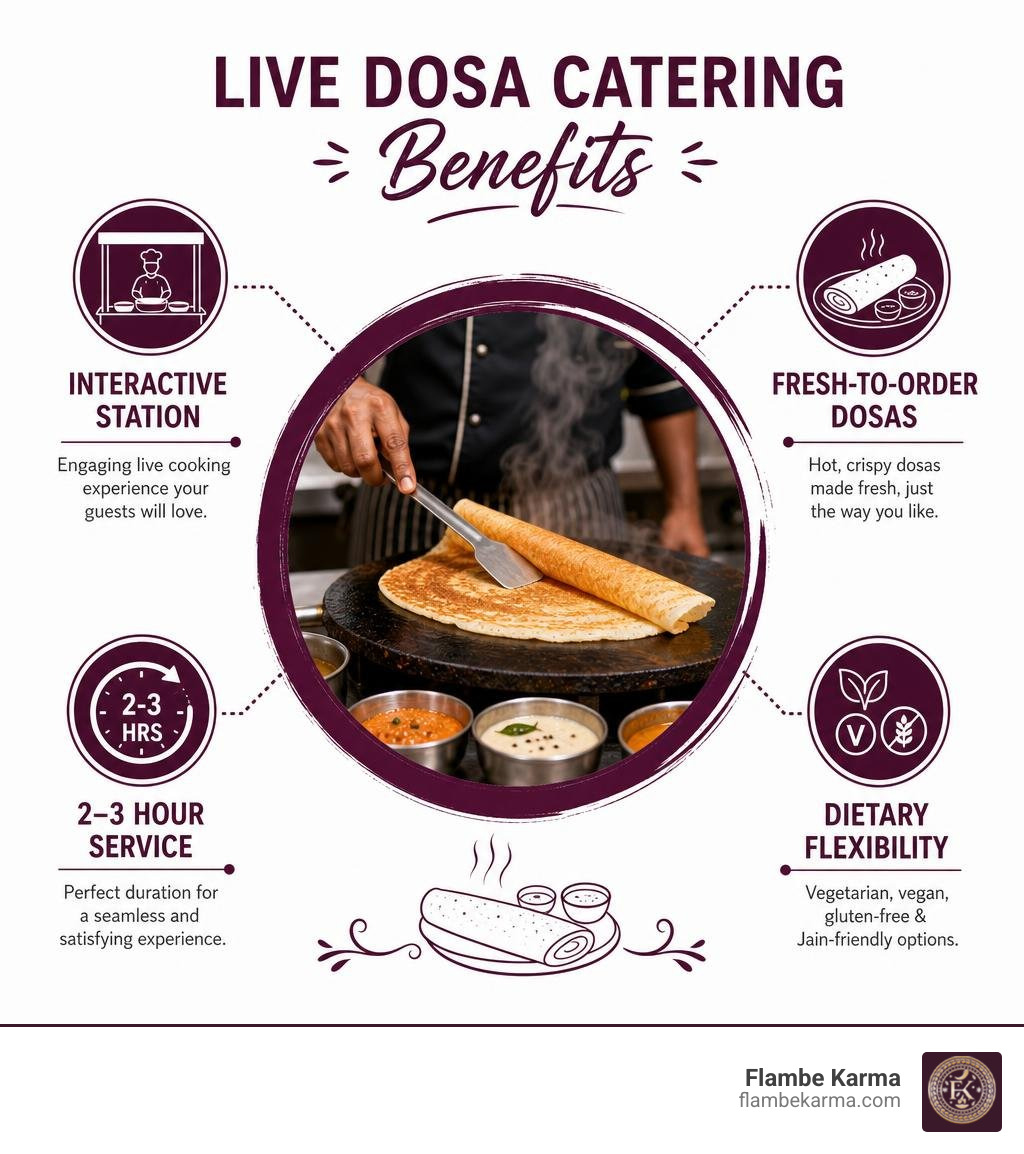 Live dosa catering benefits infographic: interactive station, fresh-to-order dosas, 2-3hr service, dietary flexibility Live dosa catering benefits infographic: interactive station, fresh-to-order dosas, 2-3hr service, dietary flexibility