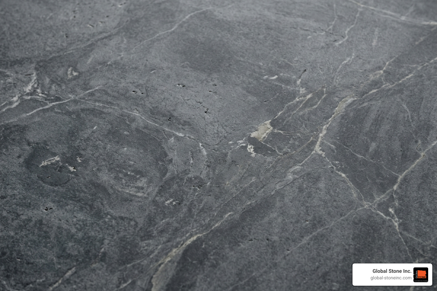 Raw architectural soapstone slab showing natural grey tones and light white veining Raw architectural soapstone slab showing natural grey tones and light white veining