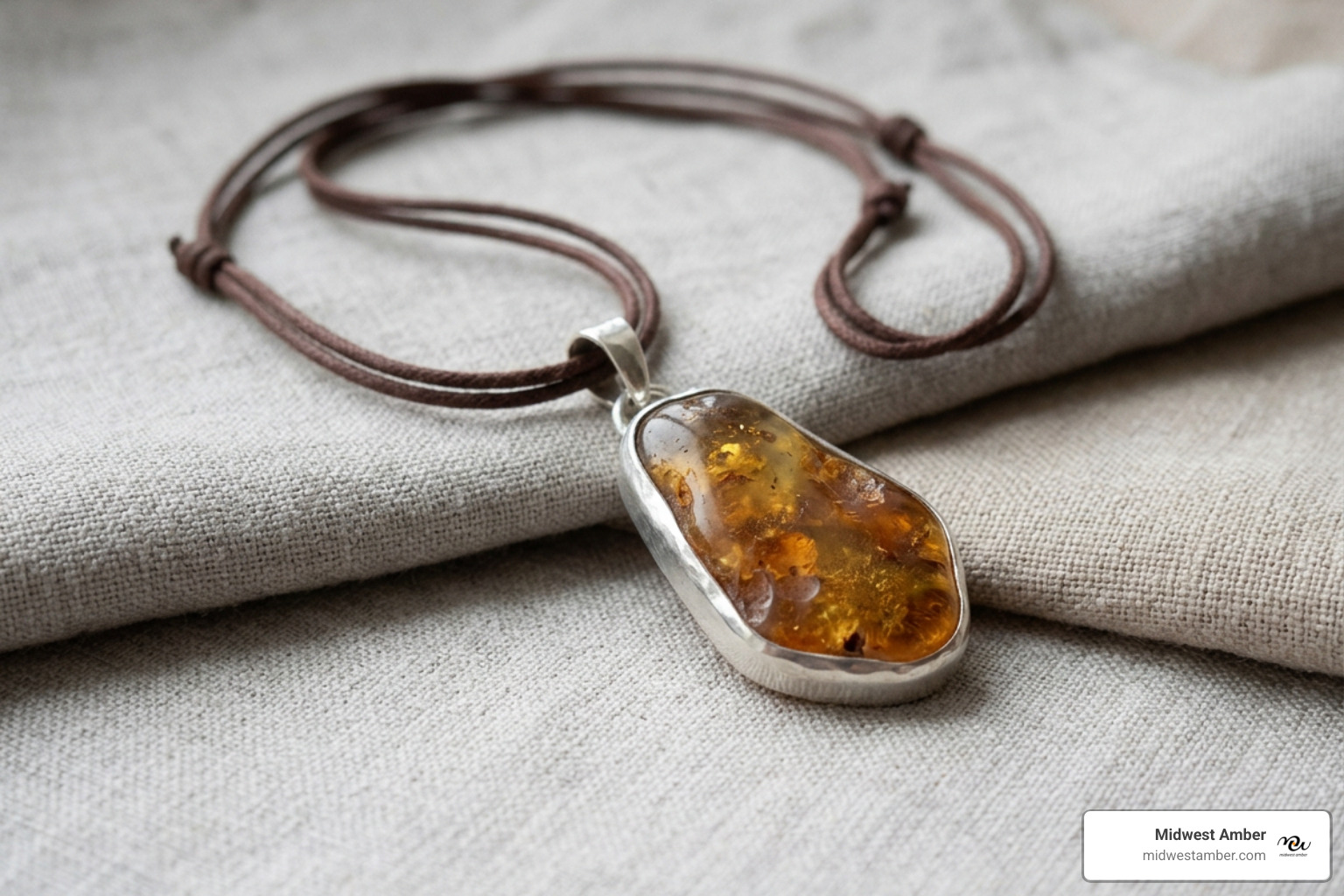 A styled raw amber pendant necklace set in sterling silver on an adjustable cord