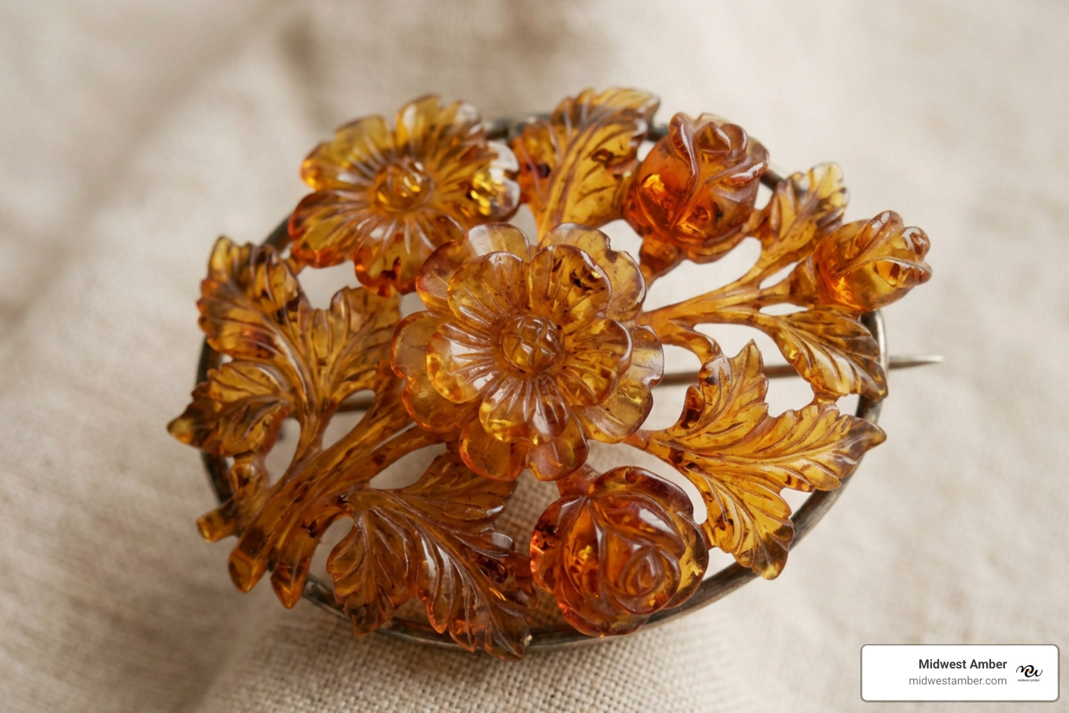 carved amber floral brooch with intricate leaf details