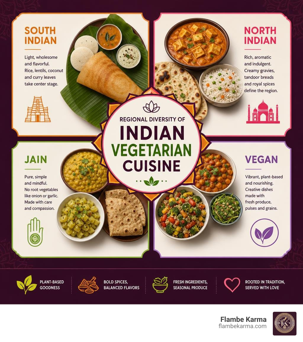 Regional diversity of Indian vegetarian cuisine: South Indian, North Indian, Jain, and vegan options explained infographic