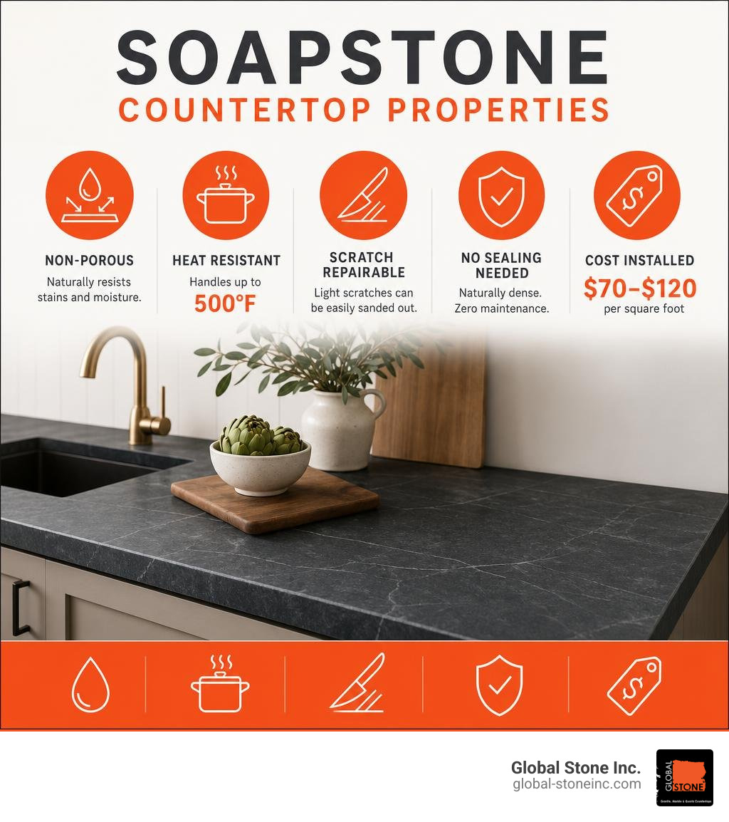 Infographic showing soapstone countertop properties: non-porous, heat resistant to 500F, scratch repairable, no sealing Infographic showing soapstone countertop properties: non-porous, heat resistant to 500F, scratch repairable, no sealing