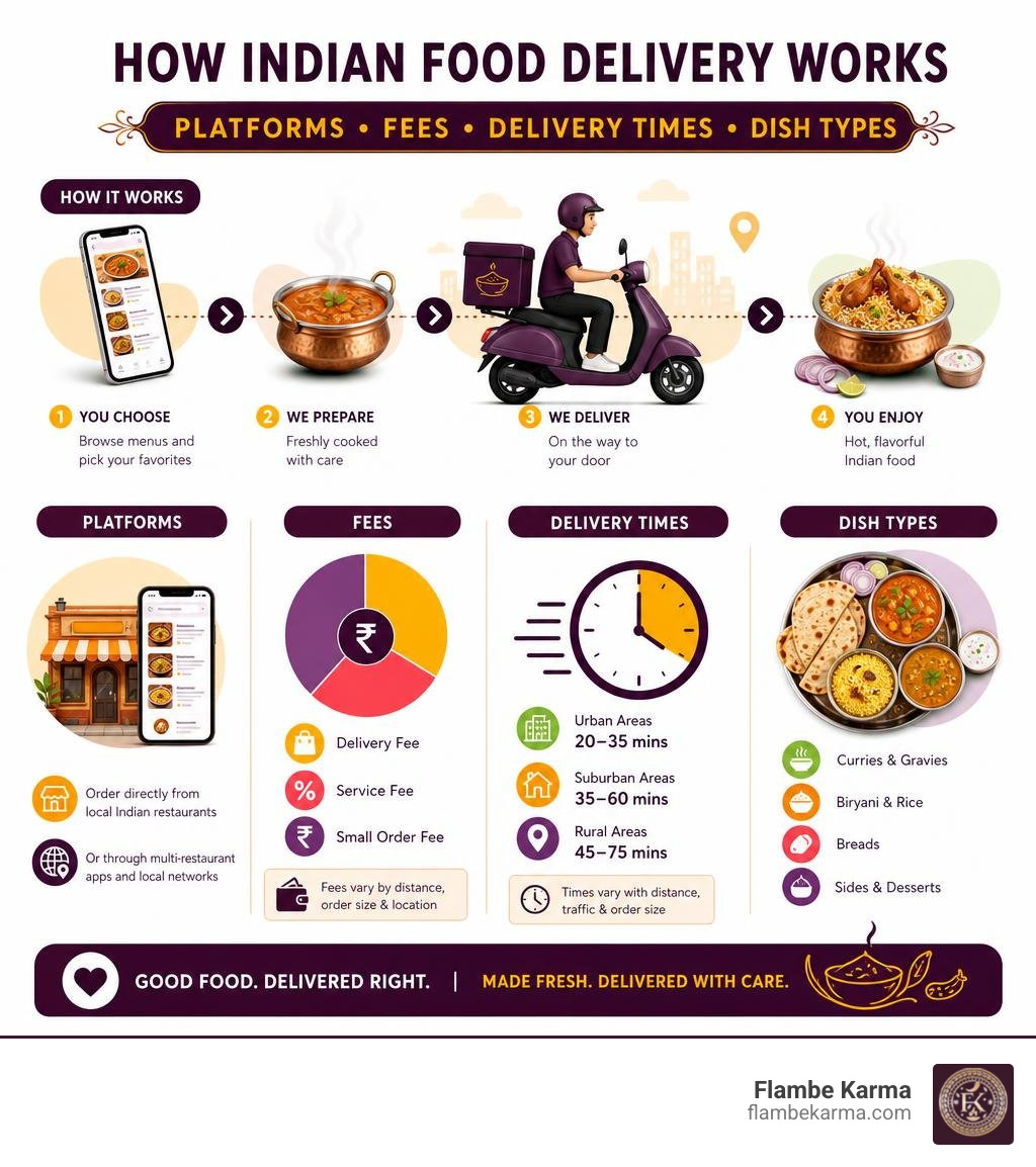 How Indian food delivery works: platforms, fees, delivery times, and dish types infographic How Indian food delivery works: platforms, fees, delivery times, and dish types infographic