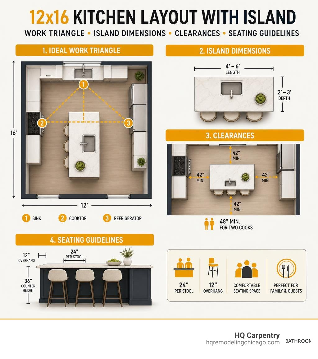 Infographic showing ideal 12x16 kitchen work triangle, island dimensions, clearances, and seating guidelines infographic