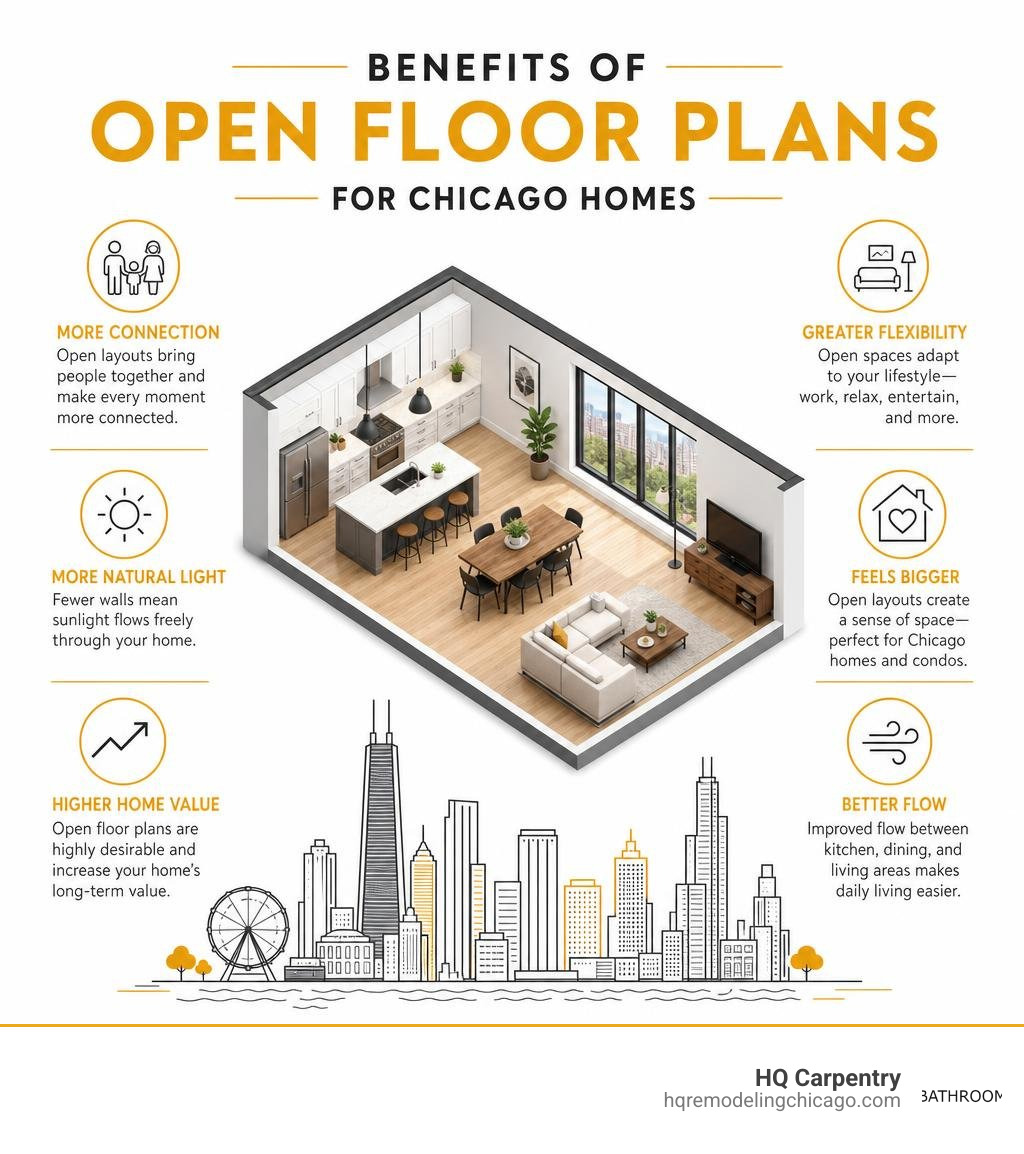 Benefits of open floor plans for Chicago homes infographic infographic