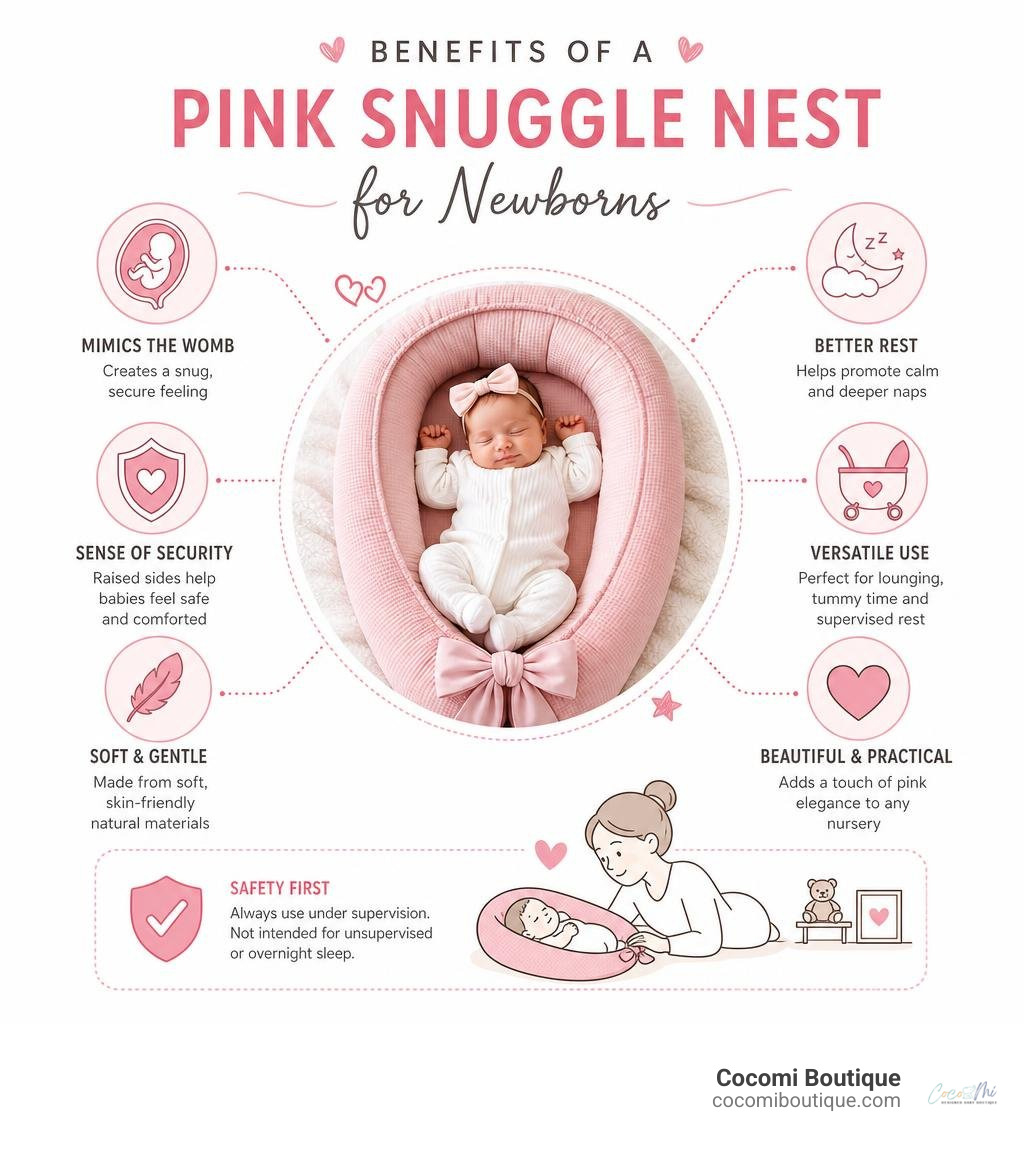 Benefits of a pink snuggle nest for newborns infographic infographic