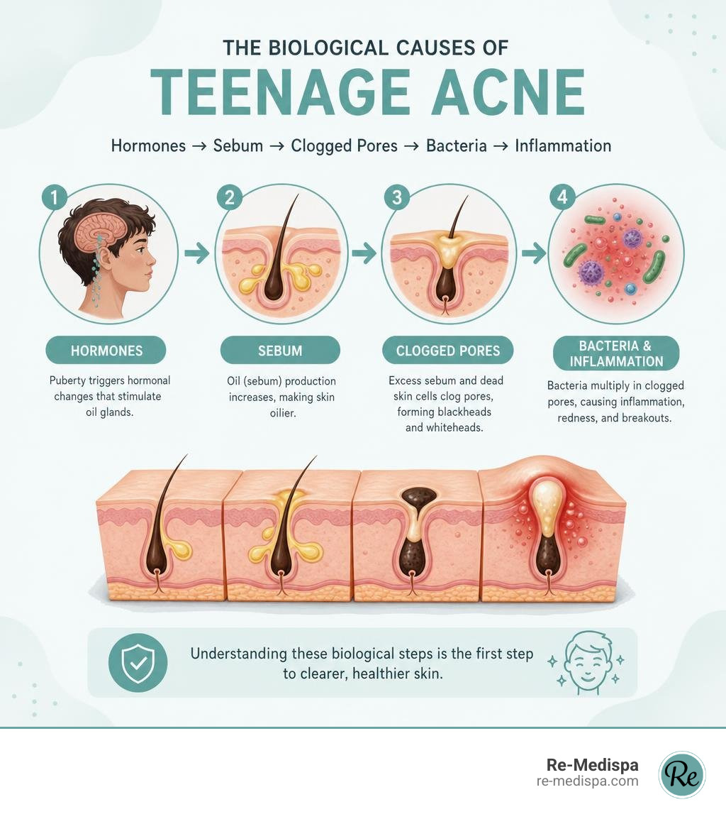 Biological causes of teenage acne infographic: hormones trigger sebum, clogged pores, bacteria, inflammation infographic Biological causes of teenage acne infographic: hormones trigger sebum, clogged pores, bacteria, inflammation infographic