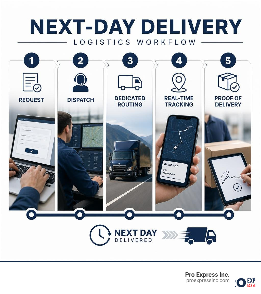 Next-day delivery logistics workflow infographic: request, dispatch, dedicated routing, real-time tracking, proof of