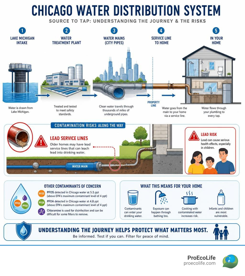 Chicago water distribution system showing lead service lines, Lake Michigan intake, and contamination risks infographic