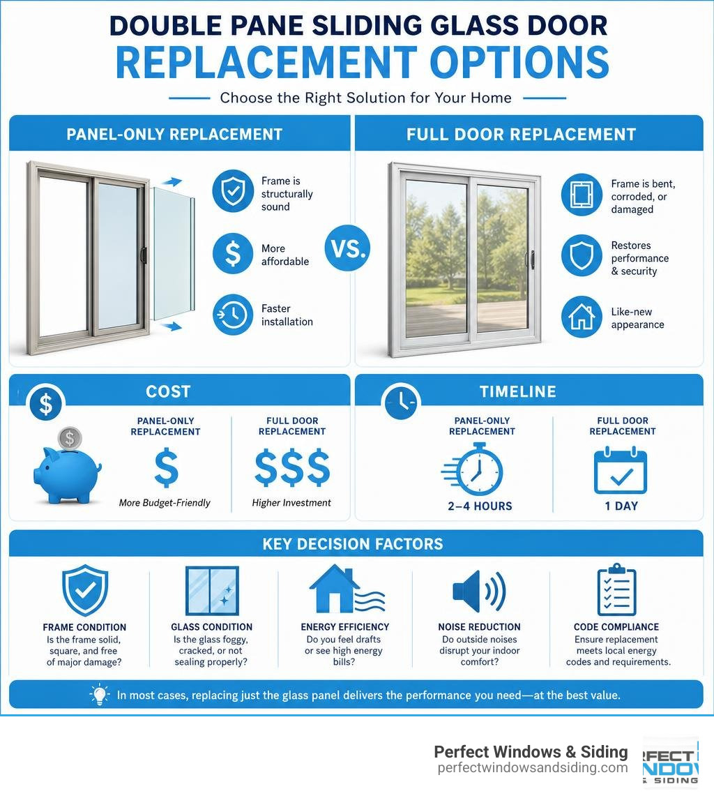 Infographic showing double pane sliding glass door replacement options: panel-only vs full replacement, performance, timeline, and features