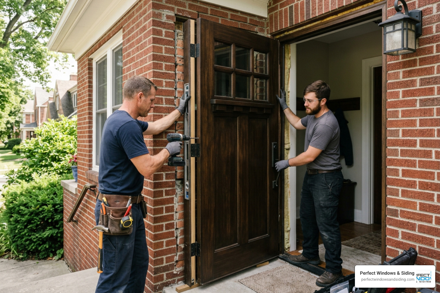 Professional door installers securing a heavy exterior door in a masonry opening