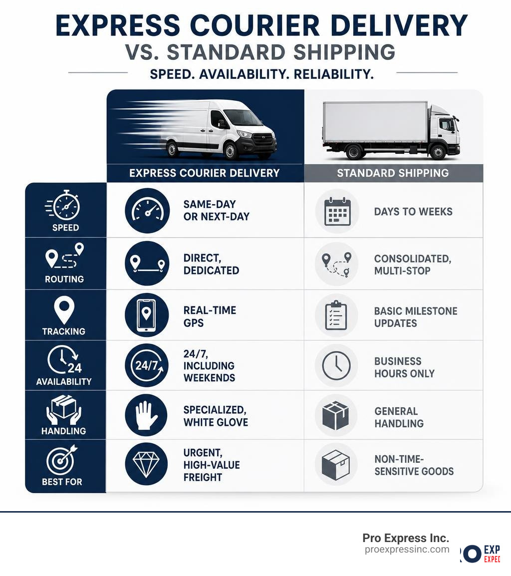 Infographic showing express courier delivery speed, availability, and reliability vs. standard shipping infographic Infographic showing express courier delivery speed, availability, and reliability vs. standard shipping infographic