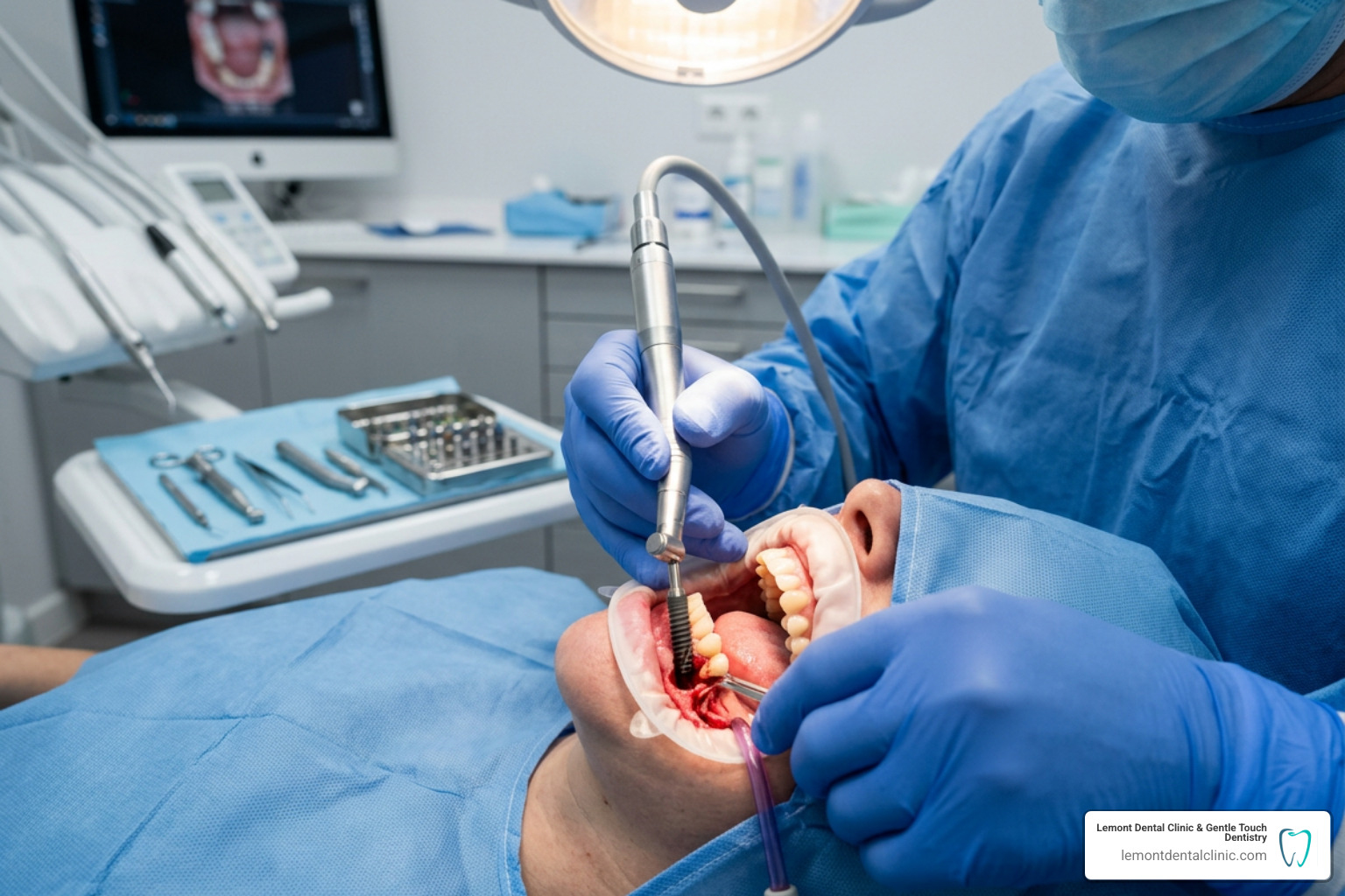 A dental implant procedure showing the placement of a titanium post in the jawbone A dental implant procedure showing the placement of a titanium post in the jawbone