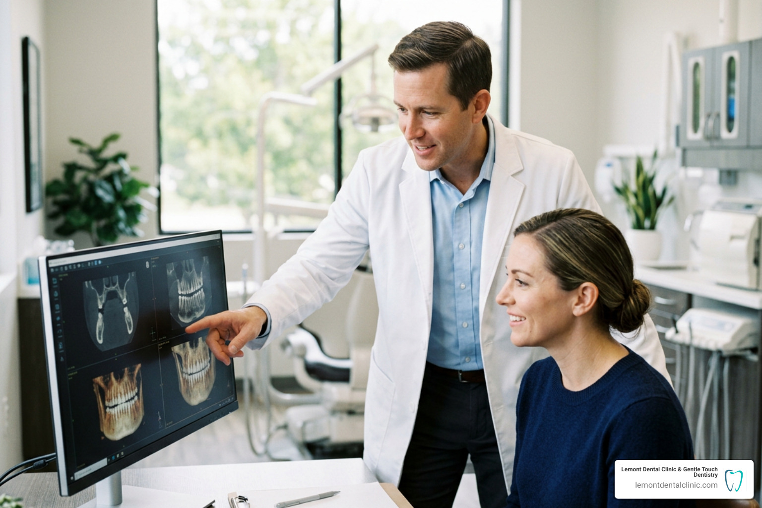A dentist explaining a 3D CBCT scan to a patient A dentist explaining a 3D CBCT scan to a patient