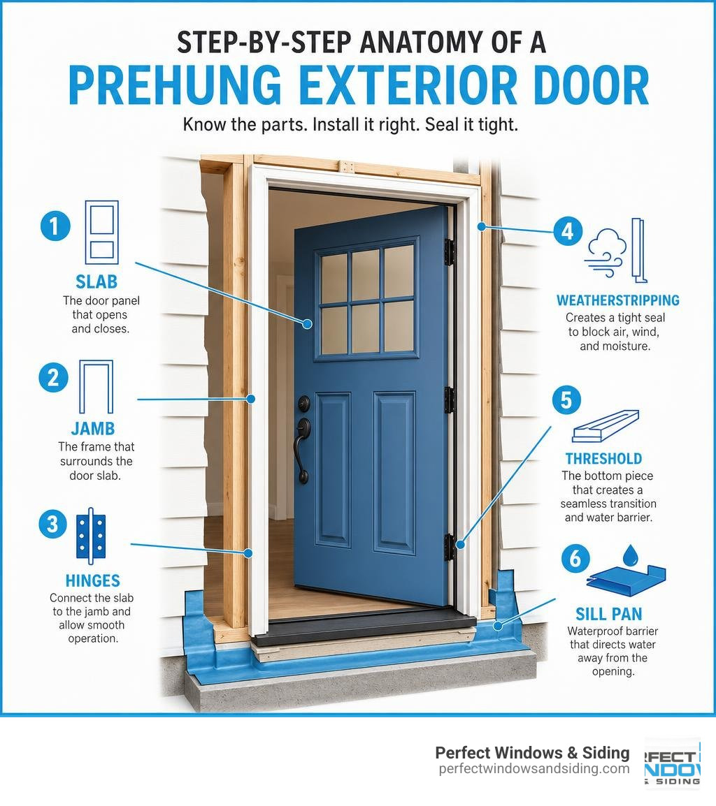 Step-by-step anatomy of a prehung exterior door showing slab, jamb, hinges, threshold, weatherstripping, and sill pan
