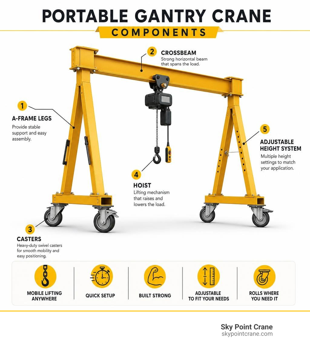 Portable gantry crane components: A-frame legs, crossbeam, casters, hoist, and adjustable height system infographic