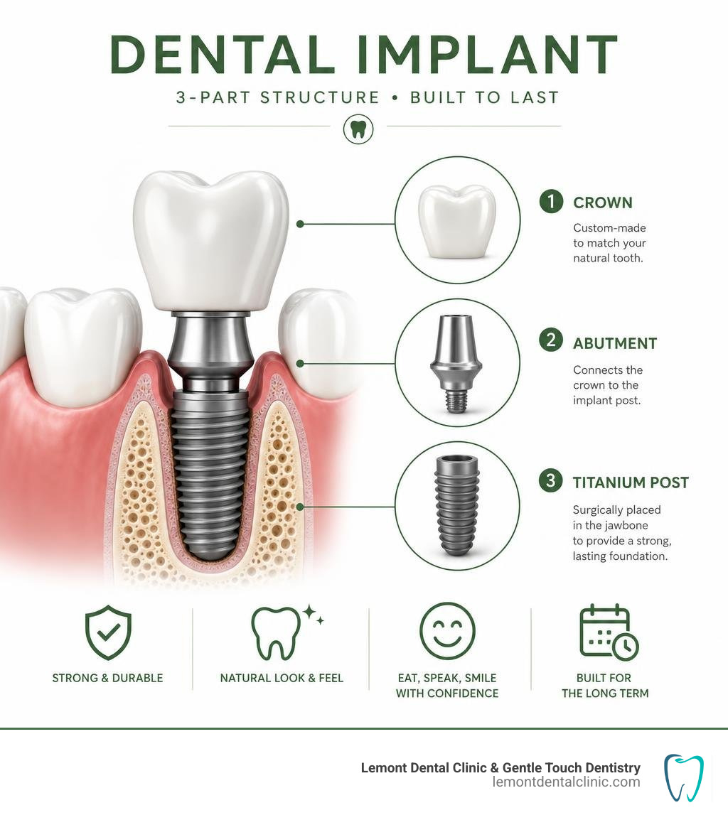 Dental implant structure infographic showing titanium post, abutment, and crown components infographic Dental implant structure infographic showing titanium post, abutment, and crown components infographic