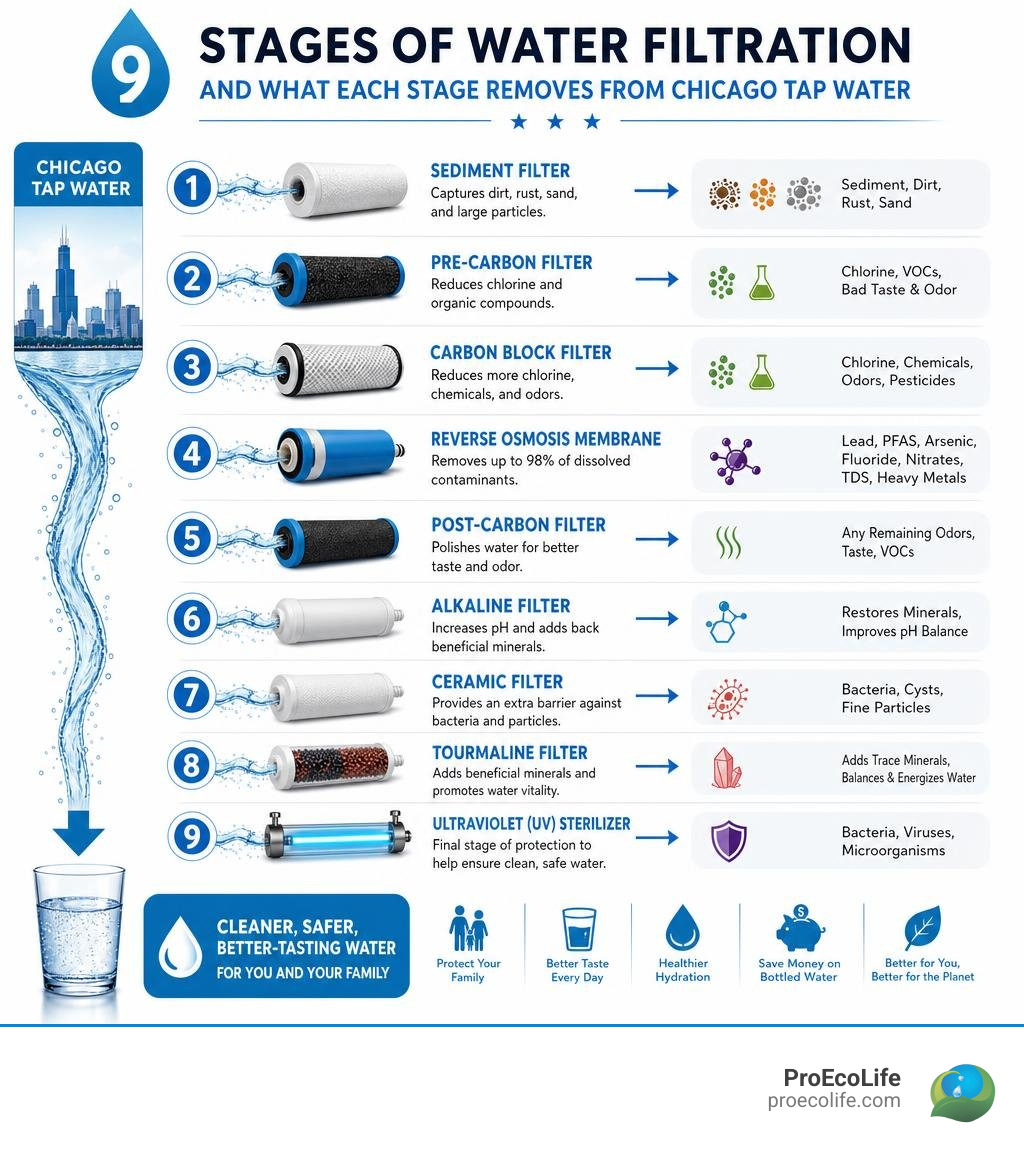 Infographic: 9 stages of water filtration system and what each stage removes from Chicago tap water infographic Infographic: 9 stages of water filtration system and what each stage removes from Chicago tap water infographic