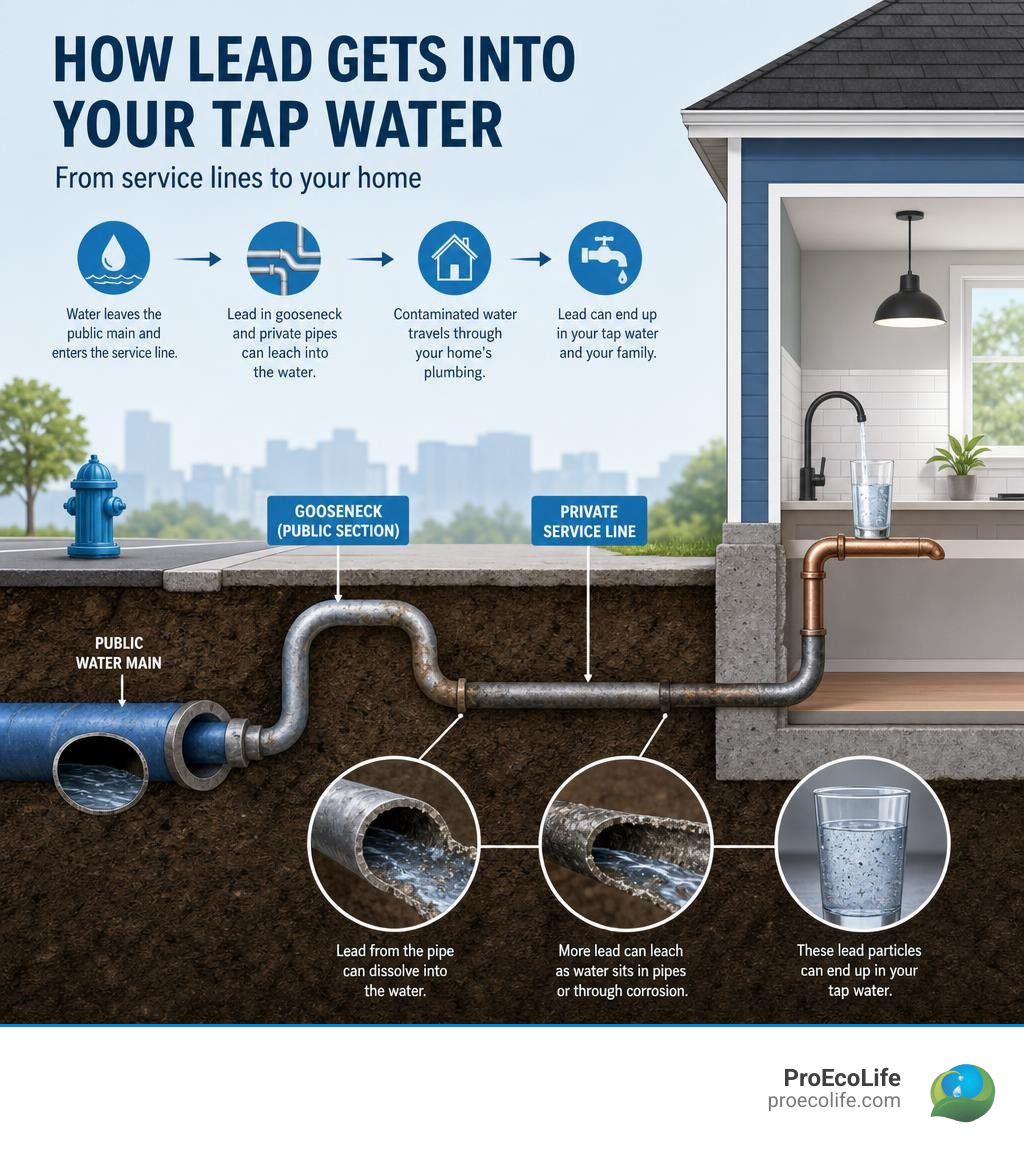 Infographic showing how lead leaches from service lines through gooseneck public and private pipe sections into Chicago home