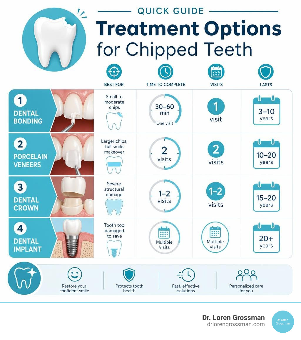 Quick guide: treatment options for chipped teeth with steps and timelines infographic Quick guide: treatment options for chipped teeth with steps and timelines infographic