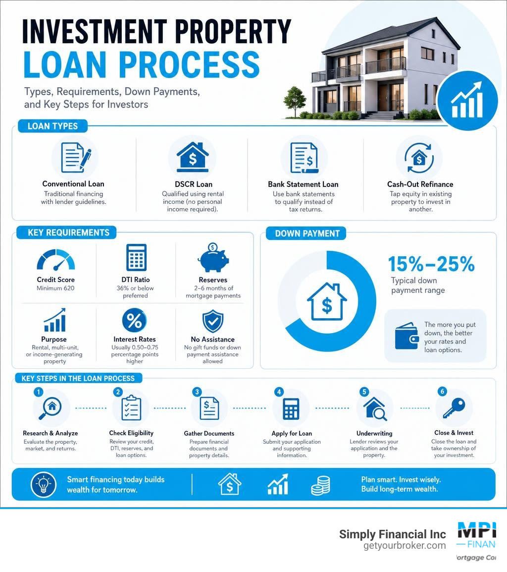 Investment property loan process: types, requirements, down payments, and key steps for investors infographic Investment property loan process: types, requirements, down payments, and key steps for investors infographic