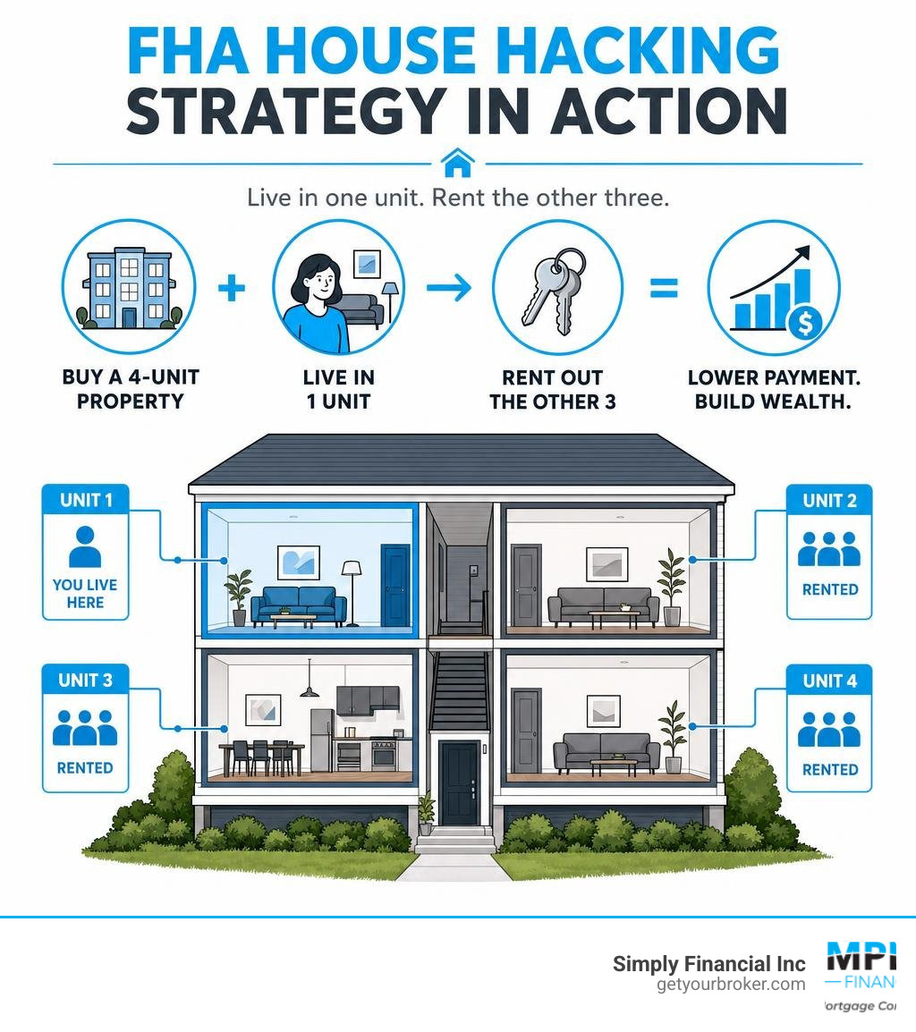 FHA house hacking strategy infographic showing 4-unit property, owner occupies 1 unit, rents 3 infographic FHA house hacking strategy infographic showing 4-unit property, owner occupies 1 unit, rents 3 infographic