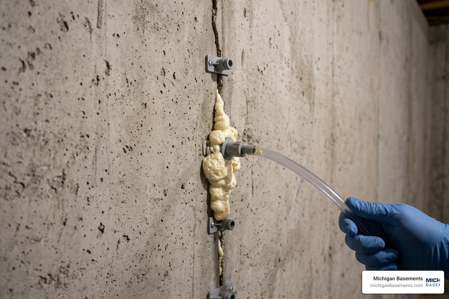 polyurethane injection process into concrete basement wall crack