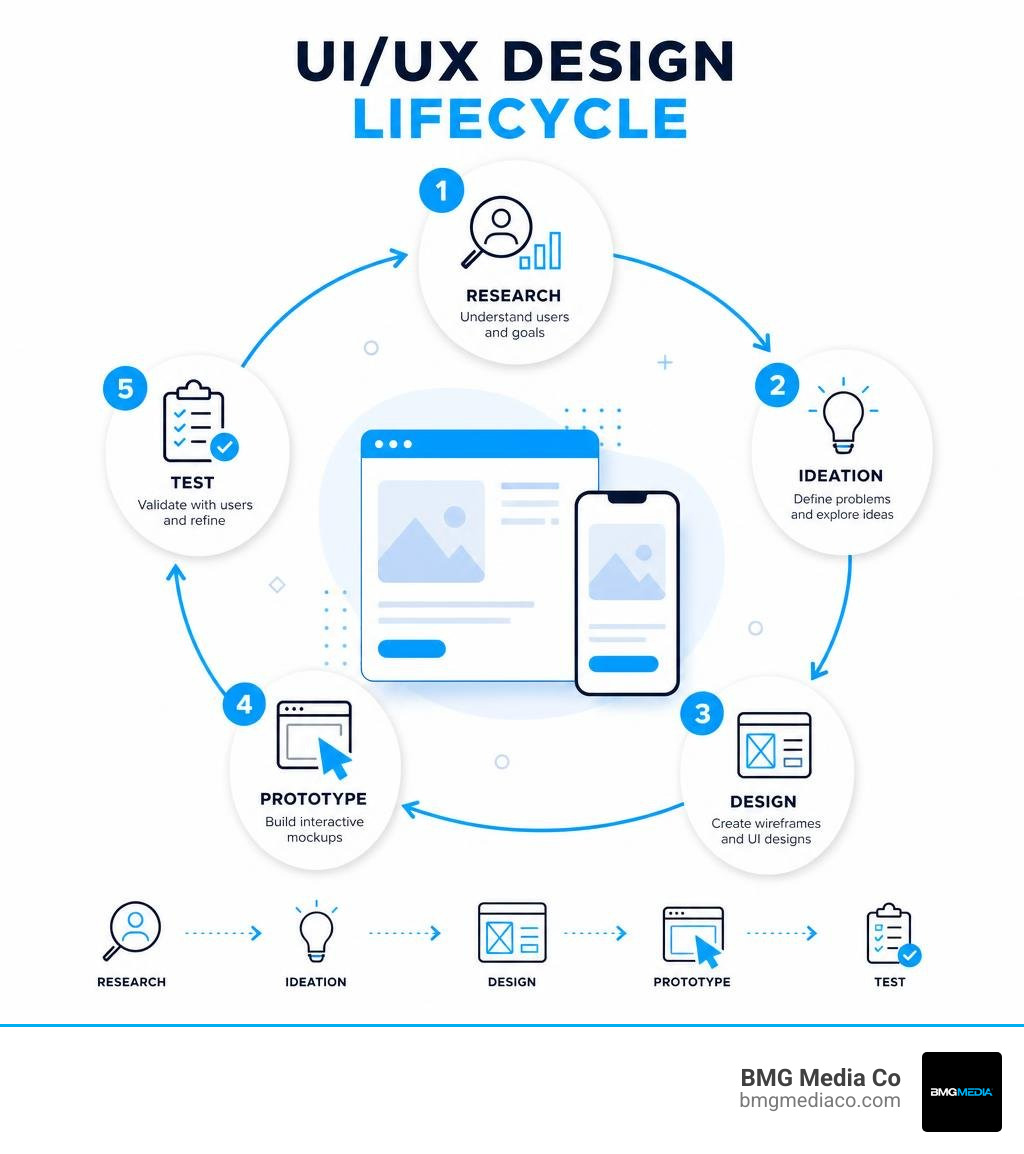 UI/UX design lifecycle infographic showing stages from research to prototyping and testing infographic