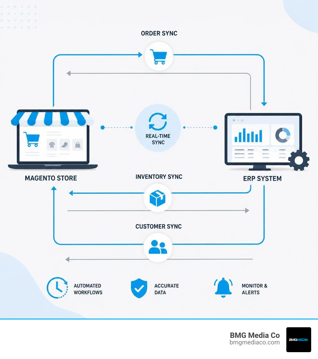 Data flow between Magento store and ERP system showing order, inventory, and customer sync infographic Data flow between Magento store and ERP system showing order, inventory, and customer sync infographic