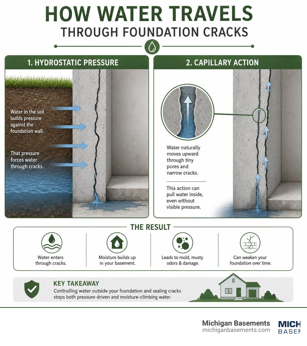 Infographic showing how water travels through foundation cracks via hydrostatic pressure and capillary action infographic