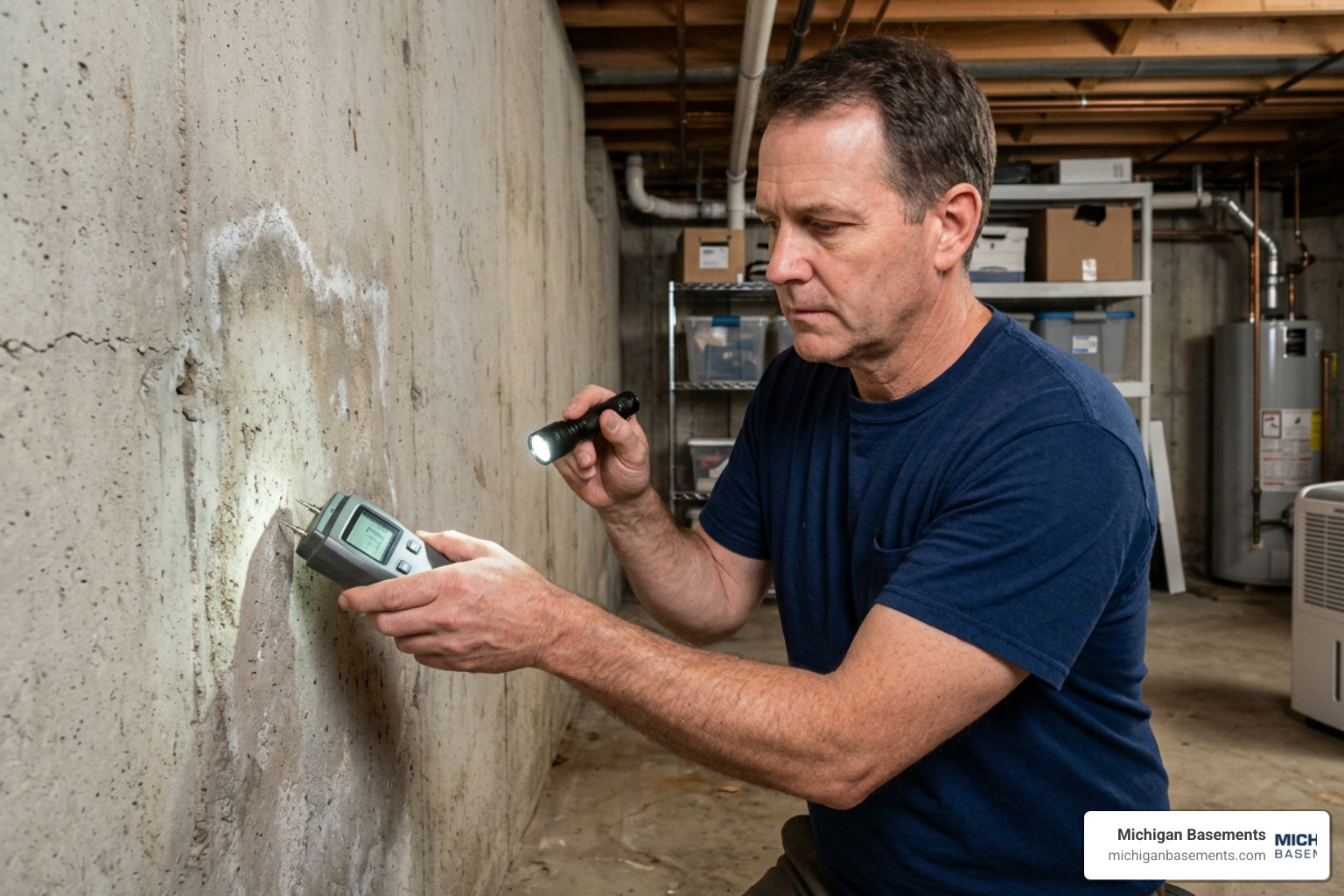 Homeowner using a moisture meter to detect hidden moisture in basement walls