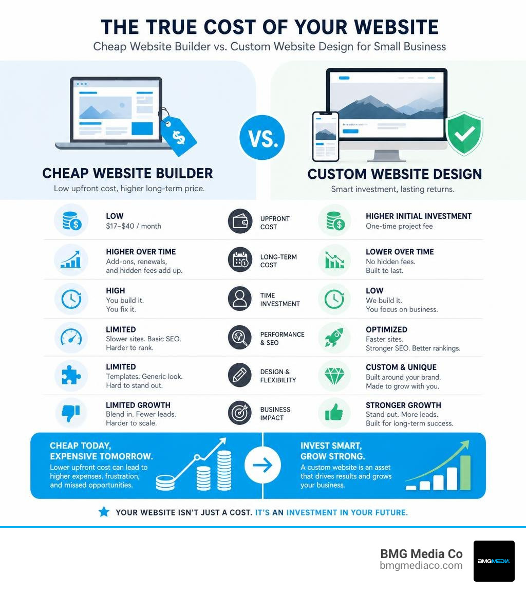 true cost comparison: cheap website builder vs. custom website design for small business infographic