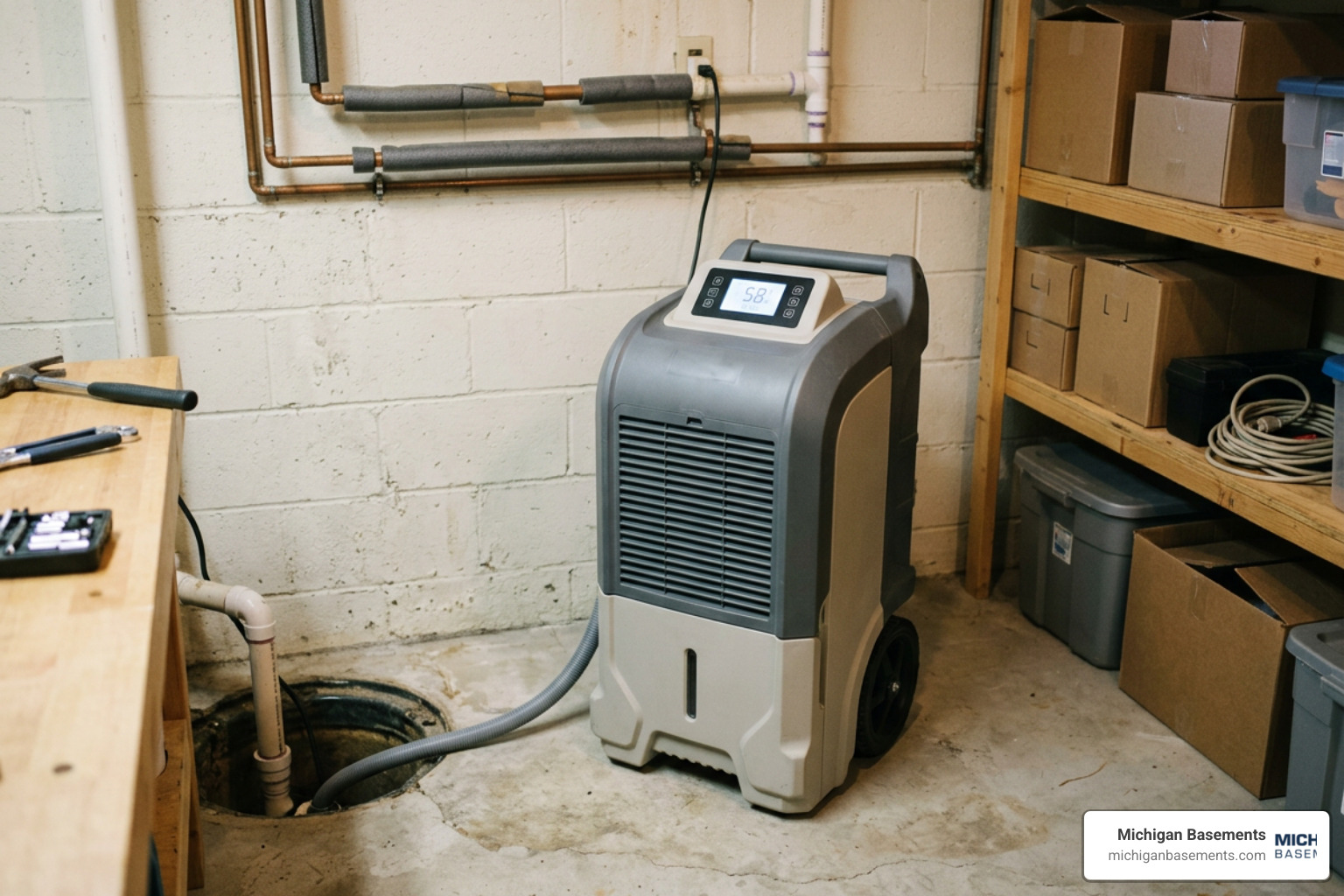 High-capacity dehumidifier operating in a basement to control humidity