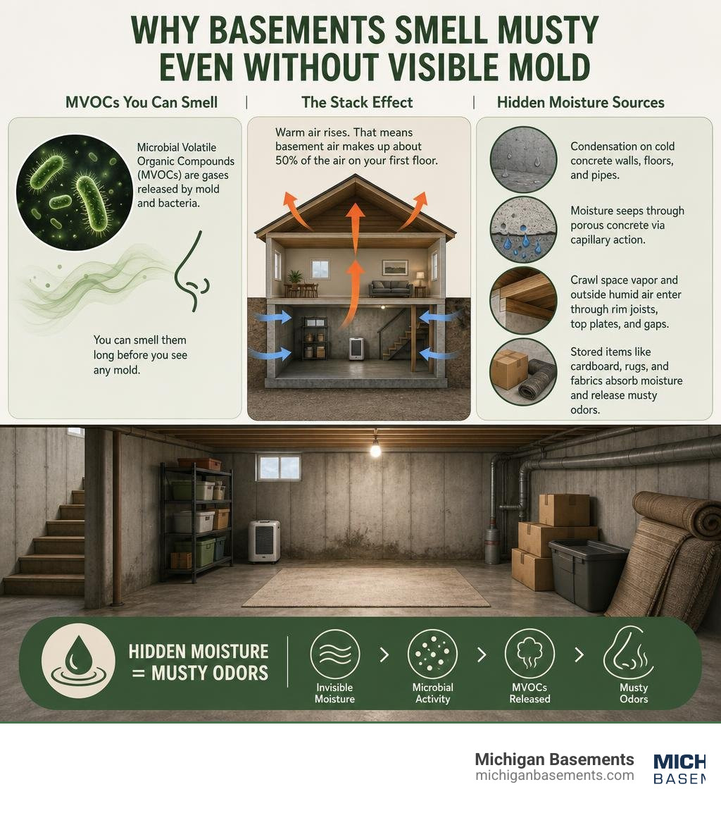 Infographic showing MVOCs, stack effect, and hidden moisture sources causing musty basement odors infographic