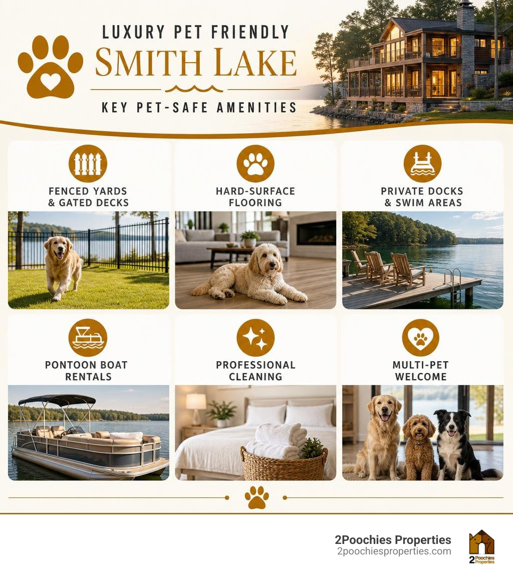 Infographic showing key pet-safe amenities at luxury Smith Lake lakefront homes: fenced yards, hard floors, private docks Infographic showing key pet-safe amenities at luxury Smith Lake lakefront homes: fenced yards, hard floors, private docks