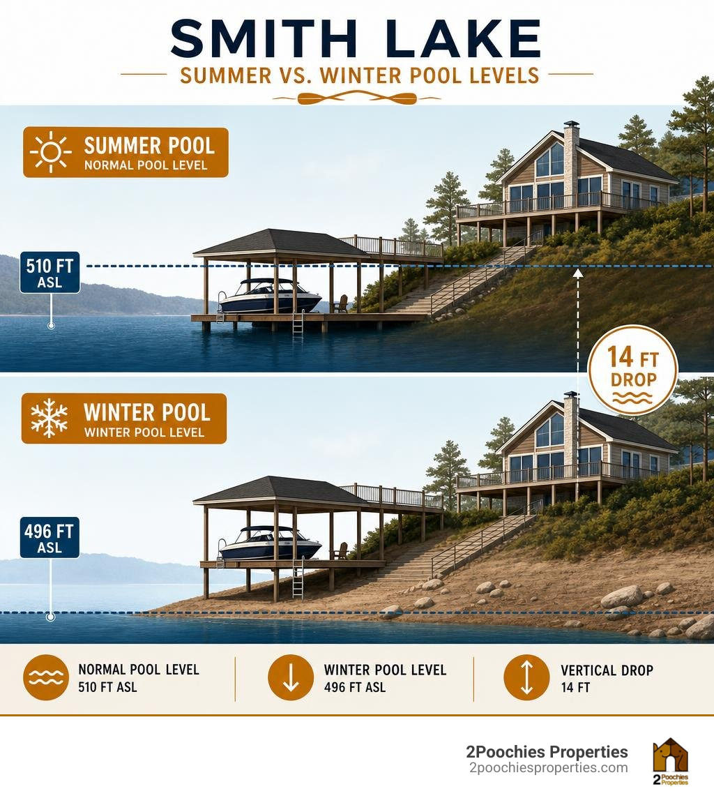 A diagram showing the difference between normal summer pool and winter pool levels on Smith Lake infographic A diagram showing the difference between normal summer pool and winter pool levels on Smith Lake infographic
