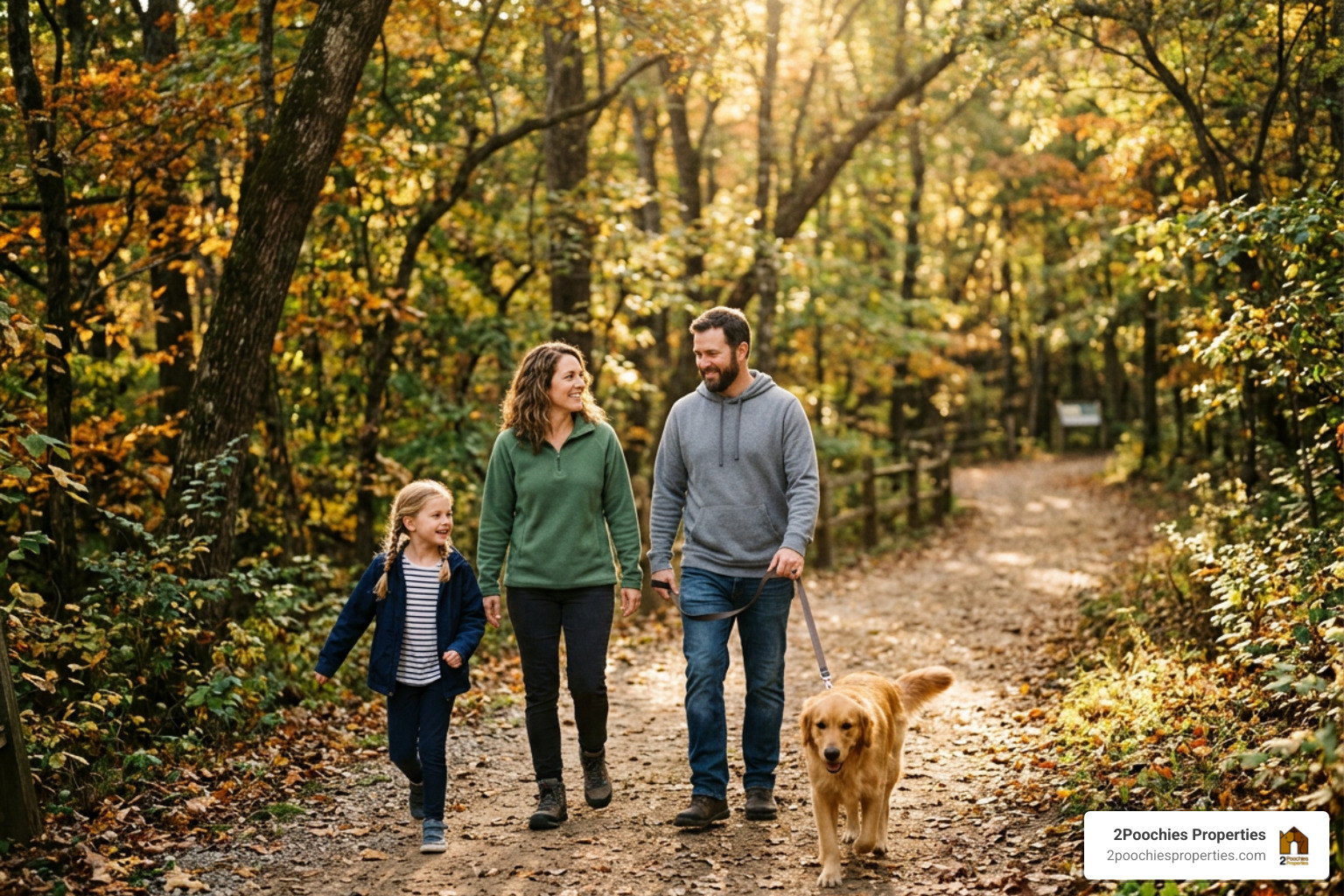 A dog walking happily on a leash with its family along a scenic trail in Franklin TN A dog walking happily on a leash with its family along a scenic trail in Franklin TN