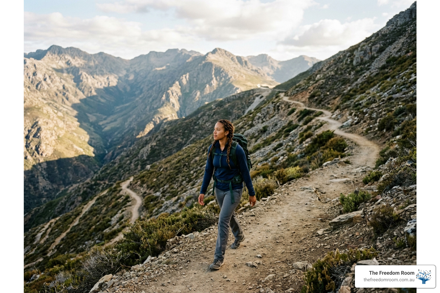person walking along a winding mountain path representing non-linear healing person walking along a winding mountain path representing non-linear healing