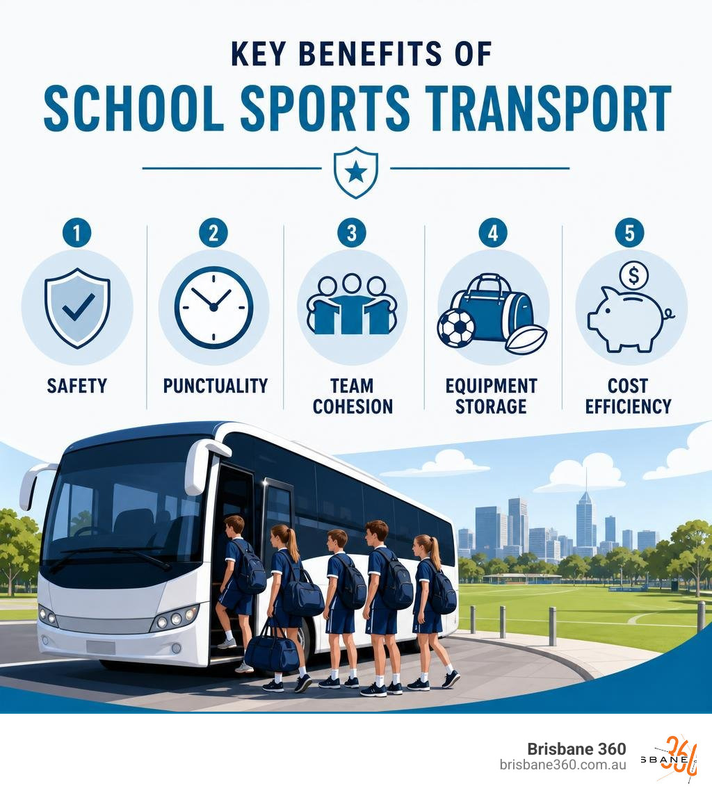 Infographic showing key benefits of school sports transport: safety, punctuality, team cohesion, equipment storage, cost