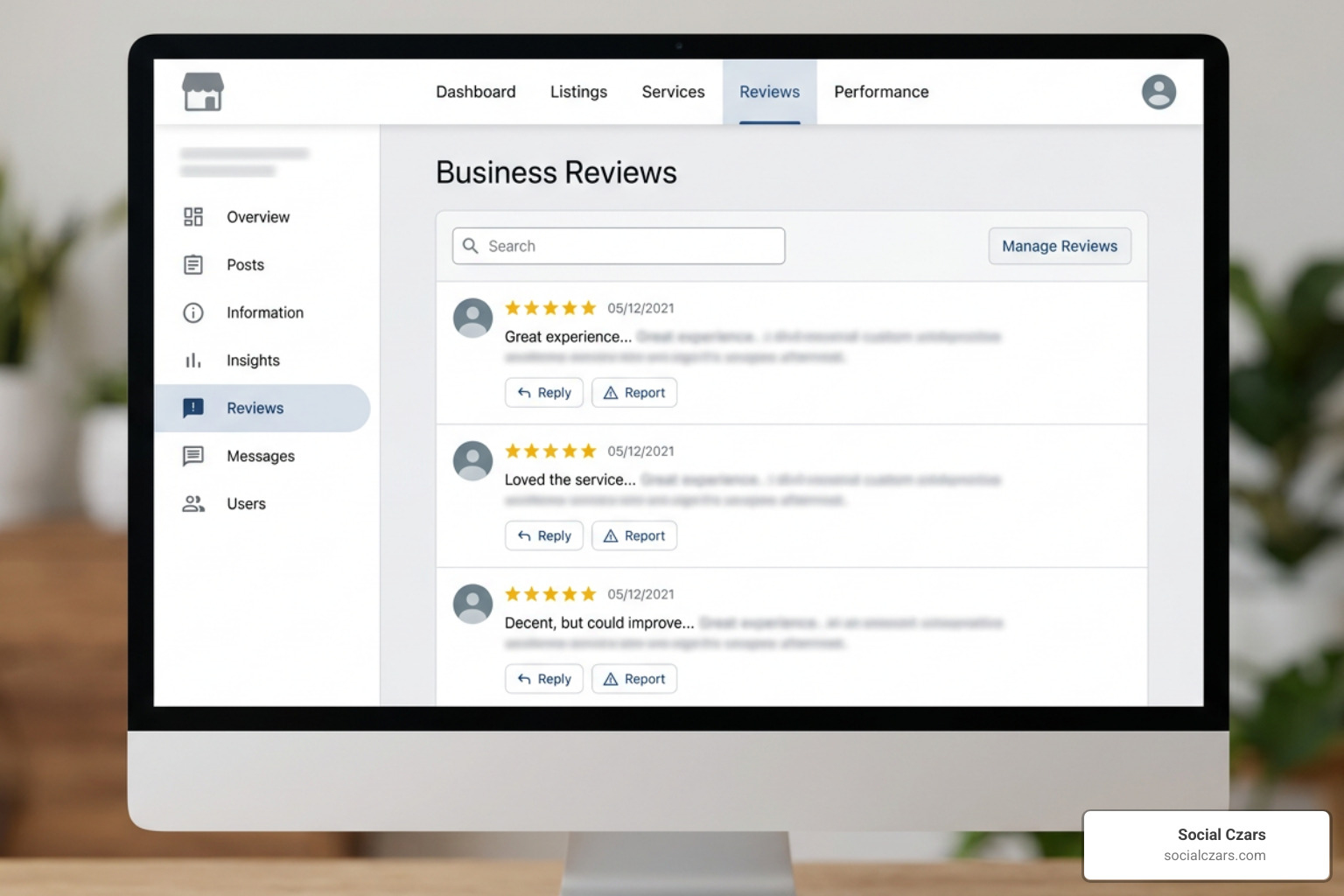 Google Business Profile dashboard displaying the reviews tab and the report option