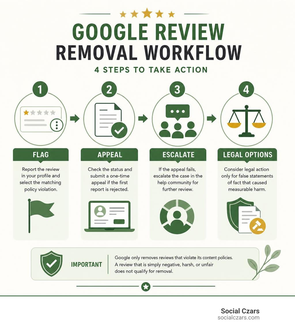Google review removal workflow showing flagging, appeal, escalation, and legal options steps infographic