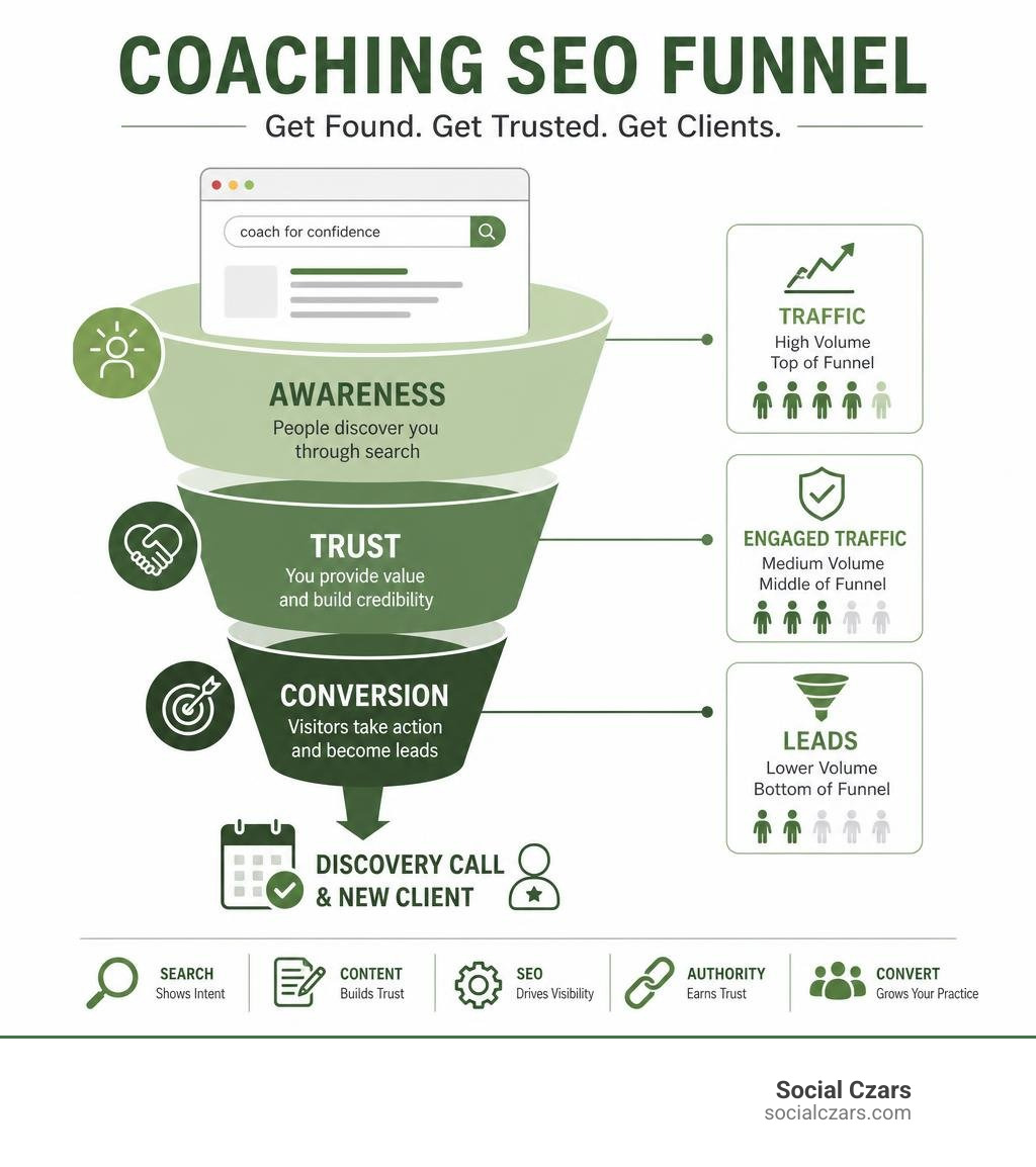 Coaching SEO funnel showing awareness, trust, and conversion stages with traffic and lead metrics infographic
