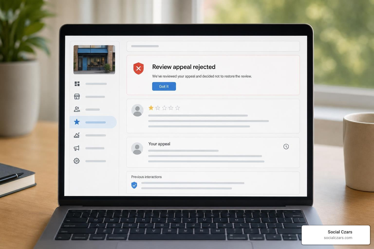 Notification screen showing a rejected appeal on Google Business Profile