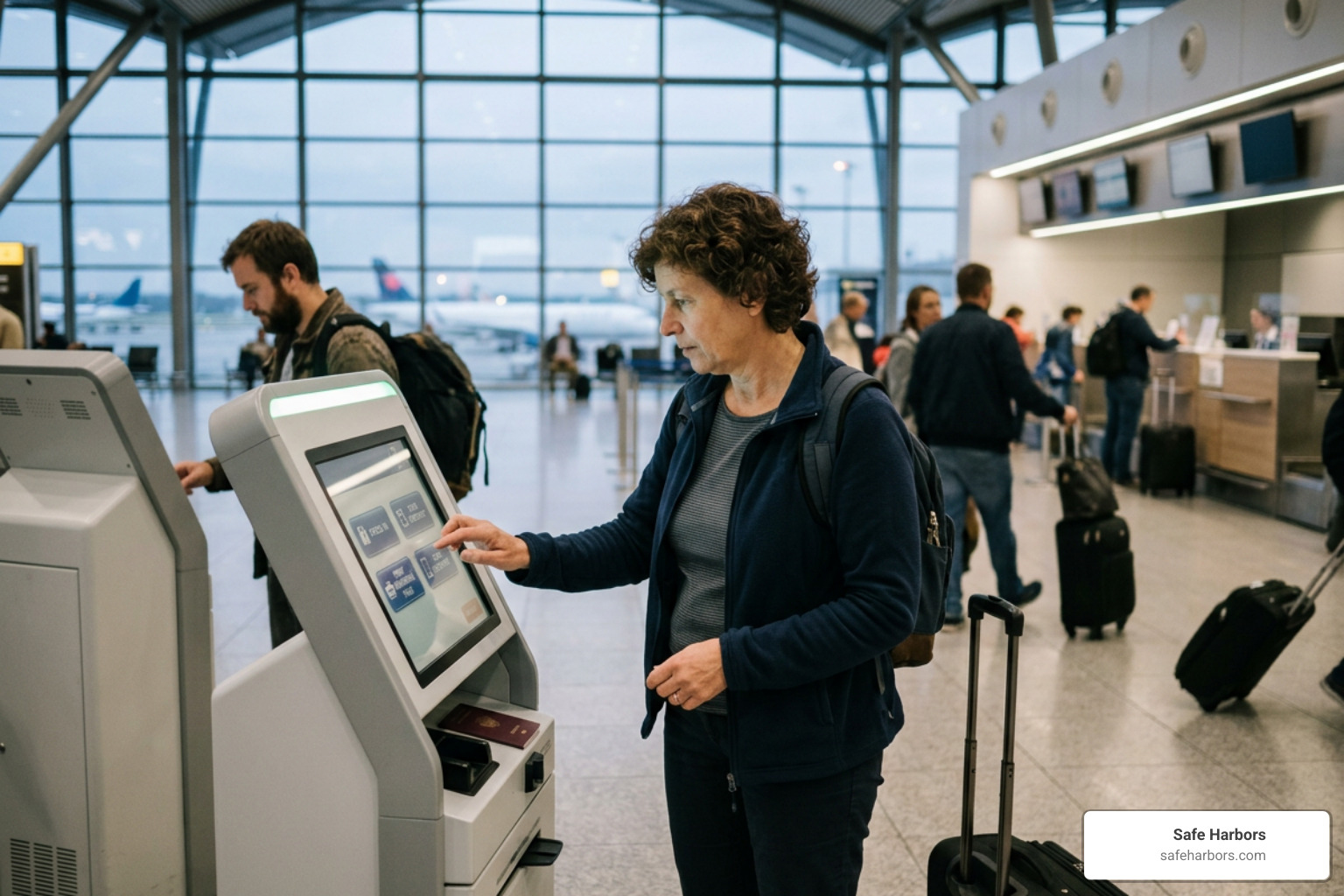 Traveler checking in at an airport kiosk using personalized data